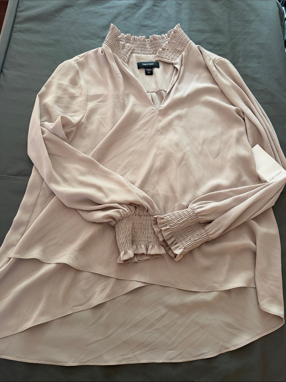 Karen Kane Blush Smocked-Neck Long Sleeve Blouse